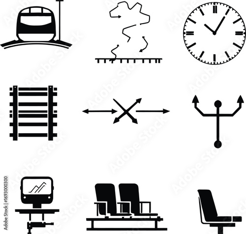 (2)Train Travel & Railway Icon Grid – Black and White Vector Illustrations of Trains, Tracks, Seats, Clocks, and Ticketing