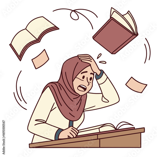 Overwhelmed student in hijab panics with books flying around, struggling with difficult studies and exams