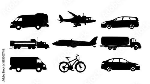Silhouette transportation vehicles car truck van airplane helicopter bicycle vector design illustration art graphic