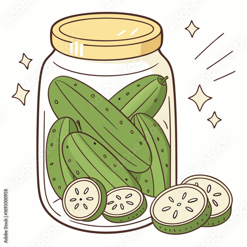 Cartoon illustration of a jar of pickles with sliced pickles, perfect for food blogs and recipe websites