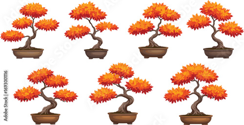 Autumn bonsai trees with vibrant orange leaves, small potted plants, Japanese art, nature decoration, isolated