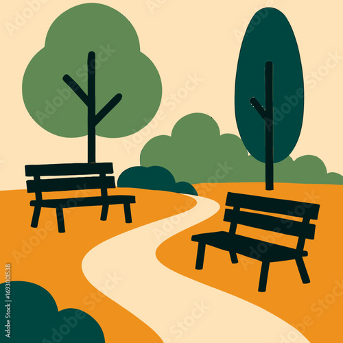 A serene park scene with two benches along a winding path, surrounded by trees and lush greenery.
