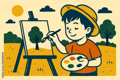 A cheerful cartoon boy in a hat paints a tree on an easel outdoors under a sunny sky, enjoying his artistic hobby.