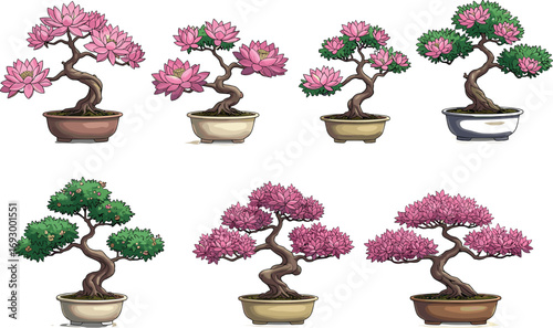 Beautiful bonsai trees with pink flowers and green leaves, potted plants, artistic nature, serene gray background