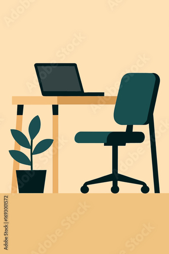 An illustration of a workspace featuring a desk, laptop, chair, and potted plant, all in a minimalist style.