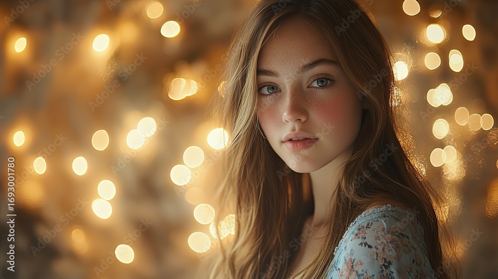 Naklejka premium Teenage girl portrait, warm lighting, bokeh background