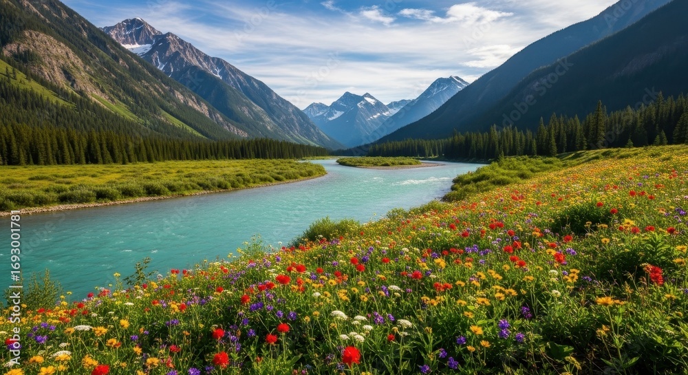 Obraz premium Scenic Mountain River Landscape with Wildflowers and Mountains