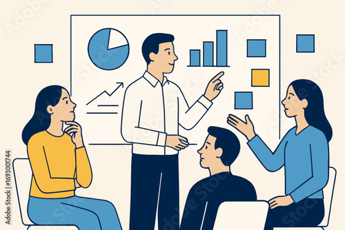 An illustration of a business meeting with a presenter explaining data on a whiteboard to three attentive colleagues.