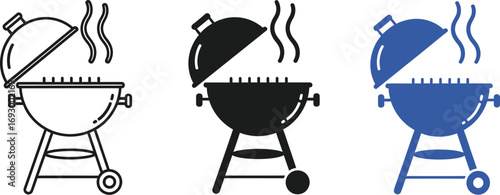 Three stylized grills with smoke rising, perfect for summer cooking concepts.