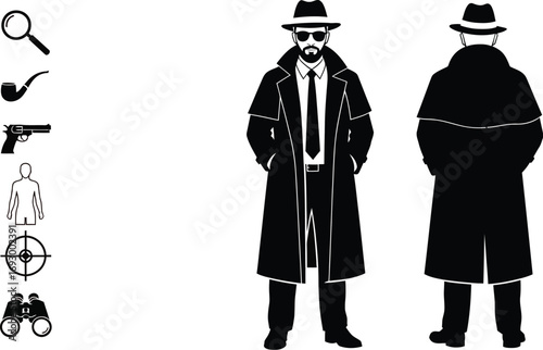 Mysterious detective in trench coat and fedora, with investigative tools, from front and back