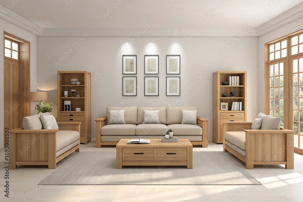 Fototapeta premium Cozy living room with wooden furniture and artwork display