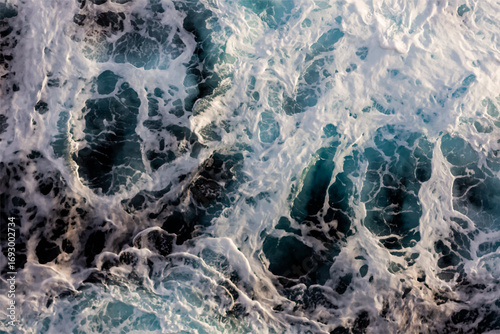 Sea water surface background. Aerial view of captivating foamy water. Can be used in covers, packaging, posters, textures, wallpapers, art and design projects. Picturesque vector illustration.
