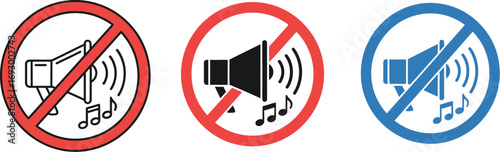 Three prohibition signs indicating no sound or quiet zone, with musical notes.