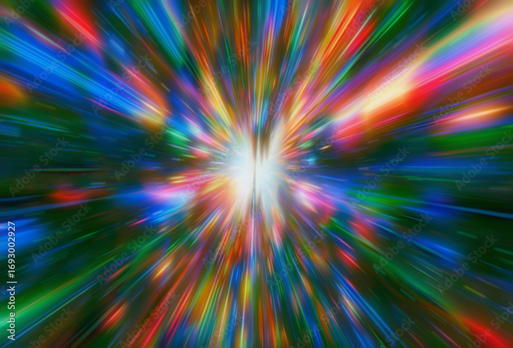 Obraz premium Vibrant abstract illustration in a digital futuristic style, with beams of blue, red, yellow, and green light radiating from a bright central point, creating a dynamic sense of motion and energy.