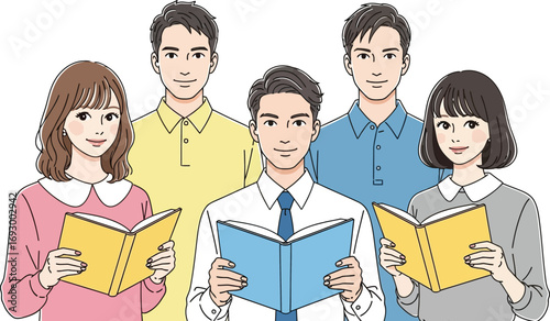Diverse group of young adults engaged in learning and reading books together