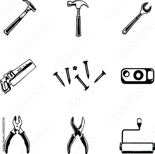 (26)Hand Tools Icon Grid – Black and White Vector Illustrations of Hammers, Wrenches, Saws, Pliers, Drills, and Fastene