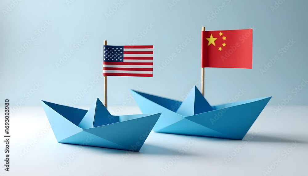 Fototapeta premium Usa and China Flags on Paper Boats