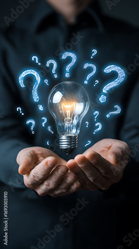 A person in a dark shirt gently cradles a glowing lightbulb surrounded by illuminated question marks symbolizing ideas solutions and problem