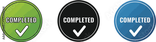 Three colorful circular badges with "Completed" text and checkmarks signifying success and achievement