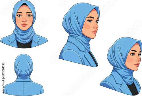 Professional woman in blue hijab and suit, shown from multiple angles