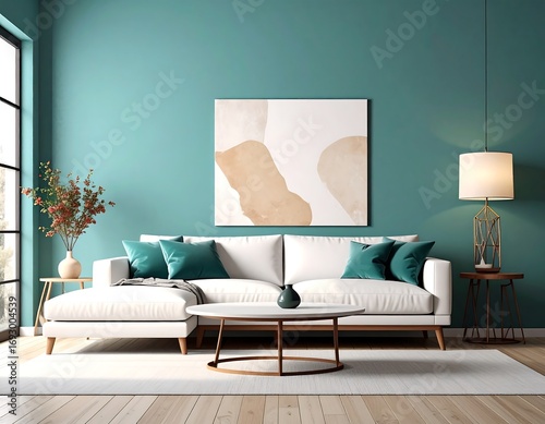Teal and white living room interior