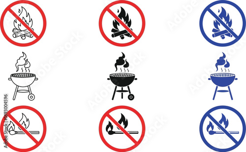 Collection of prohibition signs for open fires and barbecues