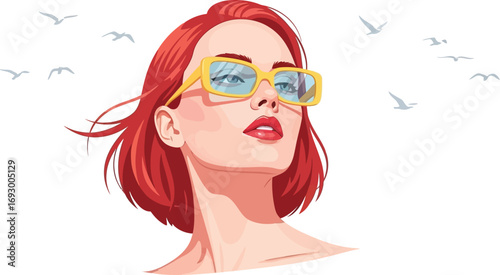 Vibrant woman with red hair and sunglasses looking up at a bright sky with birds