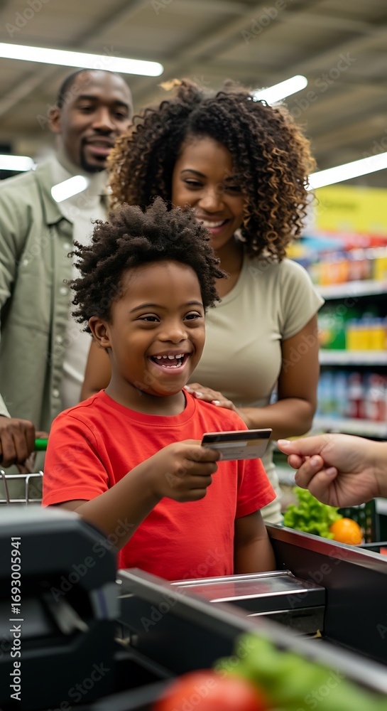 Obraz premium Black child with down syndrome, paying the bill at the supermarket checkout, assisted by his parents