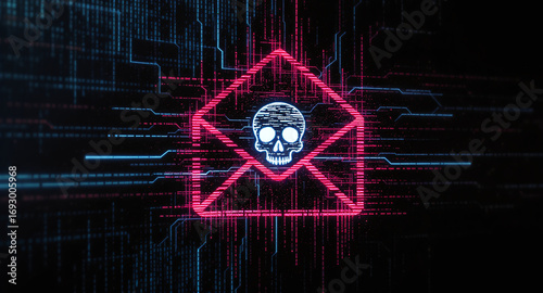 phishing email concept, envelope icon with skull warning, corrupted glitch effect, dark digital interface