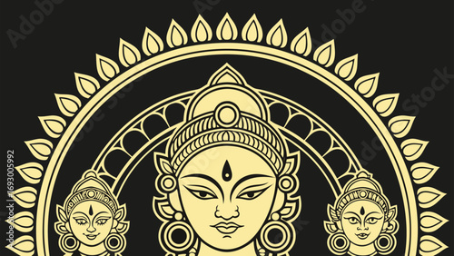 Golden Durga idol with ornate halo and flanking figures on black background Hindu goddess religious