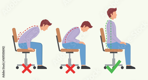 Correcting poor posture to achieve a healthy spine while sitting at a desk.