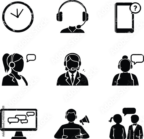 (45)Customer service and communication icon set with headsets, speech bubbles, smartphones, clocks and support tools in vector style