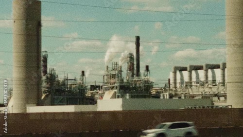 Super 8 Footage of Driving Scenics in New Jersey, Passing Large Industrial Oil Refinery with Smokestacks