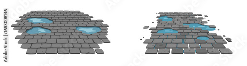 Cobblestone road with water puddles and cracks on gray background, vector, set 