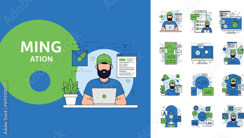 Programming and software development scenes with laptop coding, gear icons, charts, teamwork, and digital workspace in modern tech environments.