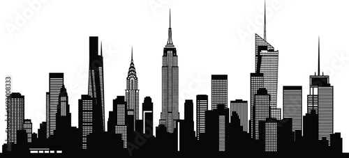 City skyline silhouette illustration featuring skyscrapers and iconic architecture for urban design, New York theme, and black-and-white vector artwork
