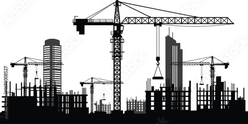 Urban construction site silhouette with tower cranes and high-rise buildings for architecture, infrastructure growth, and black-and-white vector design