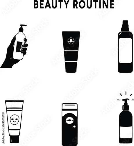 (56)Beauty routine icon set with cleanser, spray, cream, electronic skincare device and personal care tools in black and white vector style