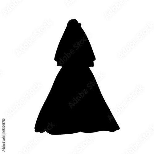 A simple, striking silhouette of a wedding dress and veil.
