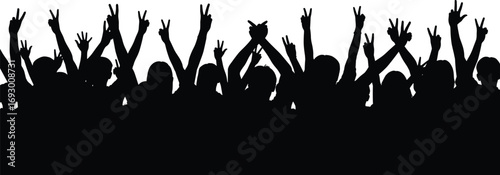 Crowd silhouette illustration with raised arms, peace signs, and unity gestures for protest, celebration, and social movement vector design