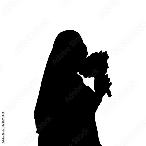 A simple, elegant silhouette of a woman in a hijab, smelling a bouquet of flowers.