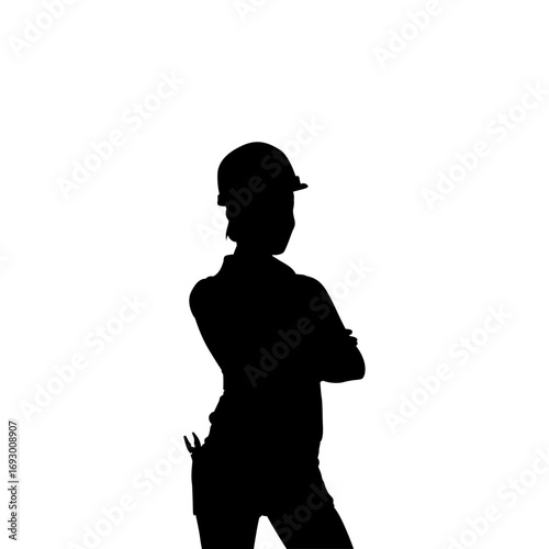 A strong, confident silhouette of a female construction worker, arms crossed, poised against a plain white background.