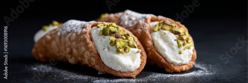 Indulgent pistachio-dusted cannoli evoke Sicilian Carnevale's sweet symphony, embodying festive dolce vita's creamy, crispy decadence