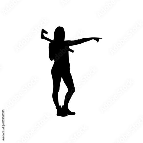 A black silhouette of a woman holding an axe on her back, pointing a finger confidently forward.