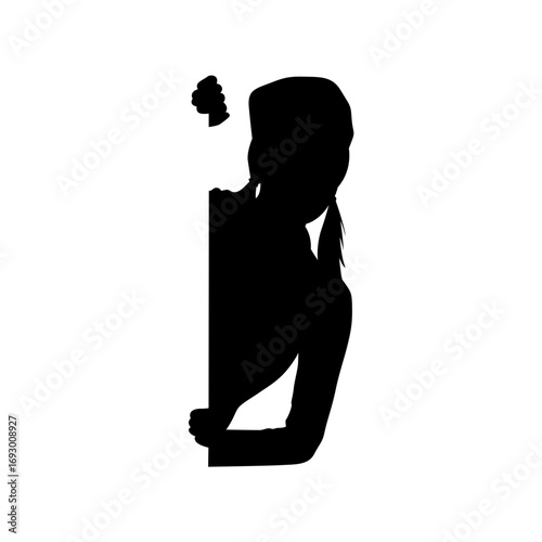 A dramatic silhouette of a woman leaning against a blank white surface, her body angled to one side, as if peeking or hiding.