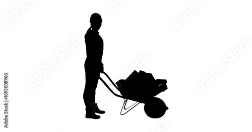 A simple silhouette of a person pushing a wheelbarrow, likely full of materials.