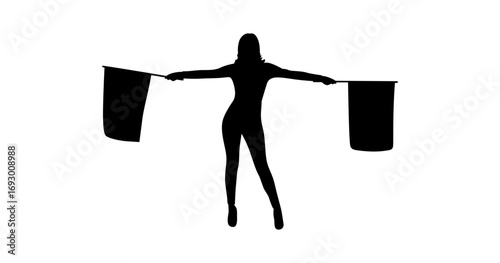 A bold silhouette of a woman holding two flags, presented against a pure white background.