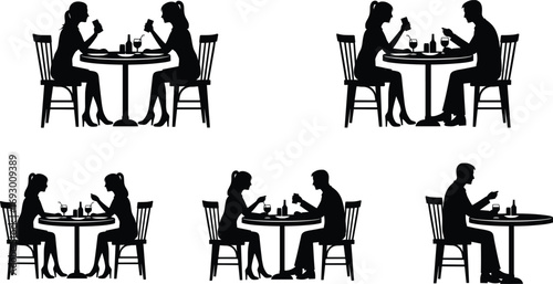 Dining silhouette illustration set with social table interactions for café, restaurant, lifestyle moments, and black-and-white vector design