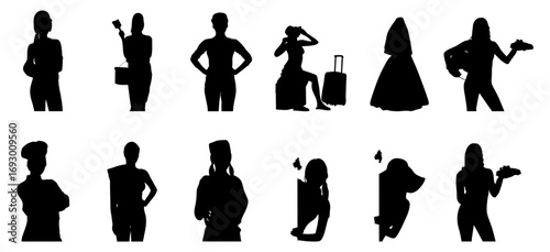 A collection of black silhouette illustrations depicting women in diverse roles and activities.