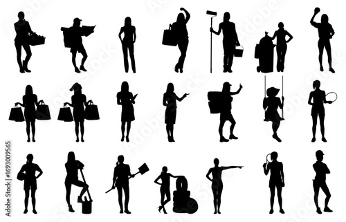 A collection of black silhouettes of women engaged in diverse activities, including shopping, cleaning, working, and exercising.